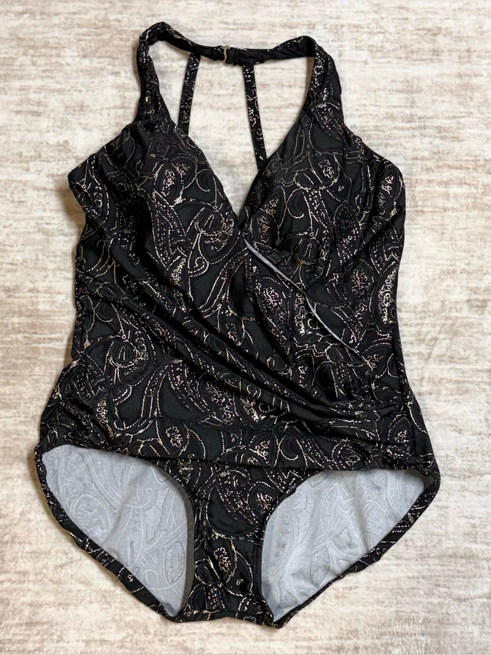 Miraclesuit Women’s 16 Plus Black Metallic Gold One Piece Swimsuit Draped Flatte